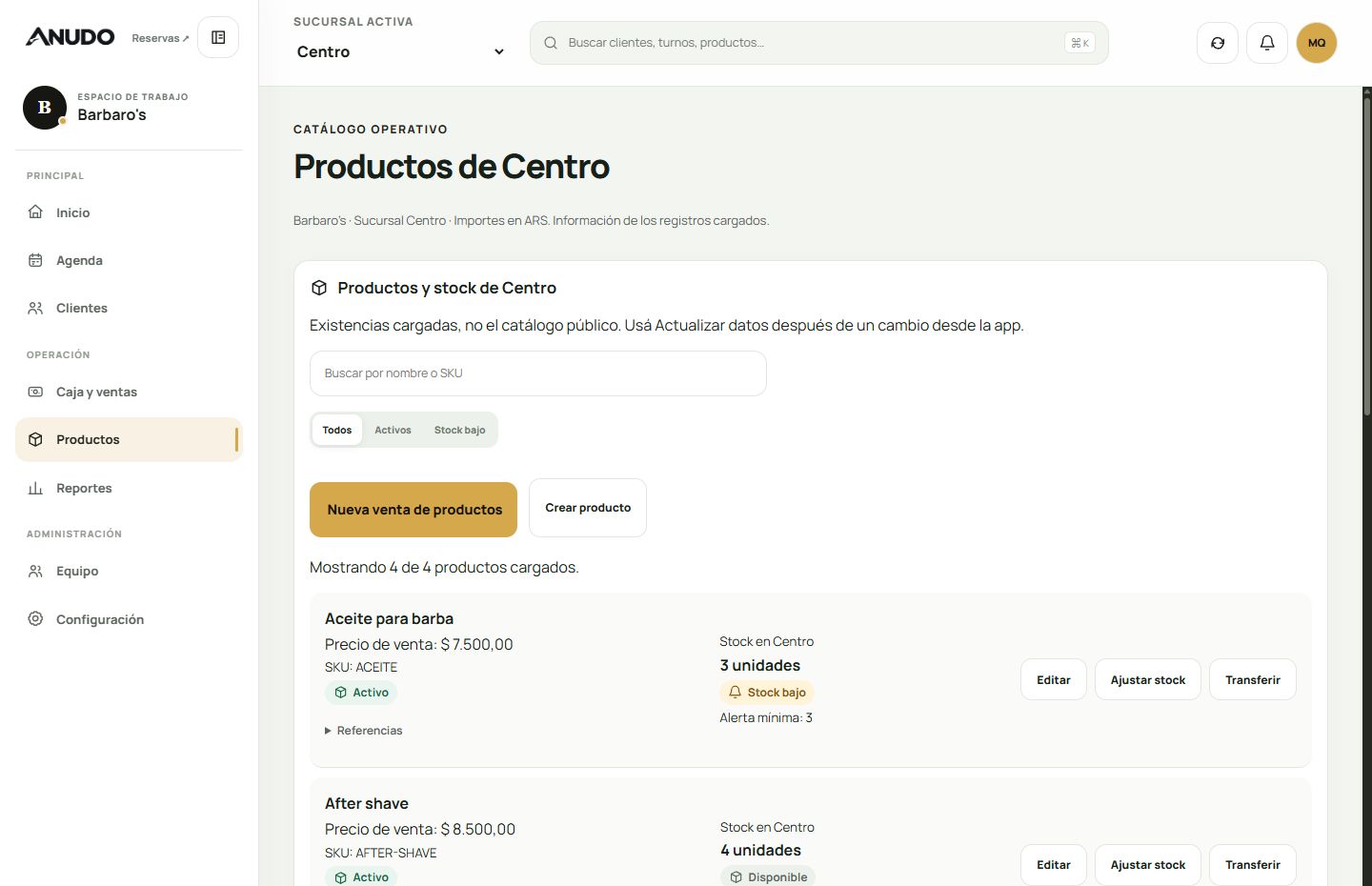Dashboard ANUDO con productos e inventario de un negocio de demostración